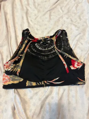 Roxy floral black pink green floral open back high crochet neckline swim top thumbnail 5