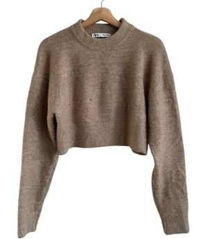 Zara Knit Mock Neck Top Sleek Cropped Brown Long Sleeve Pullover Sweater Size M thumbnail 1