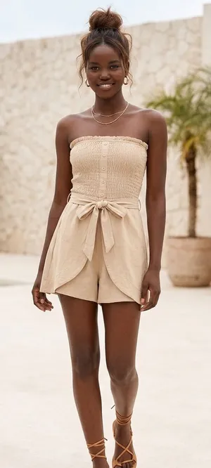 Strapless Smocked rap waist Romper in Beige size small but I’m a 6/8 & it fits thumbnail 1
