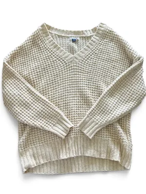 American Eagle Outfitters Cream Waffle V-Neck Sweater thumbnail 1