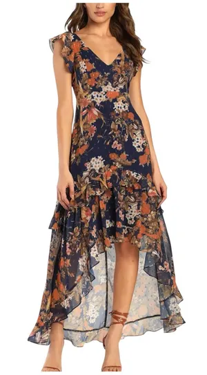 Lulu's Stunning Favorite Navy Floral High-Low Ruffle V-Neck Dress LARGE thumbnail 1
