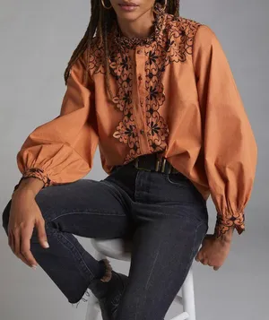 Anthropologie Scalloped Embroidered Buttondown Shirt, Size 8 thumbnail 1