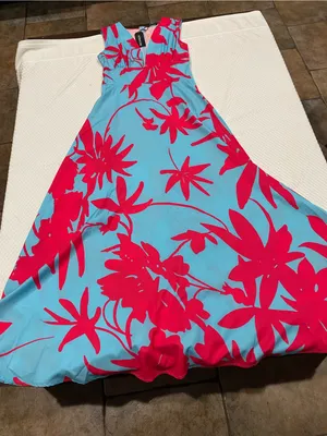 Sleeveless Maxi Dress in Turquoise with Hot Pink Floral Print thumbnail 1