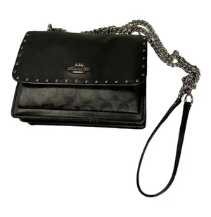 COACH Black Leather & Signature Canvas Studded Crossbody Shoulder Bag w/ Chain Strap thumbnail 1