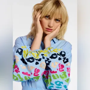 Essentiel Antwerp Embroidered Puff Sleeve Cotton Button Down Blue Dress S thumbnail 4