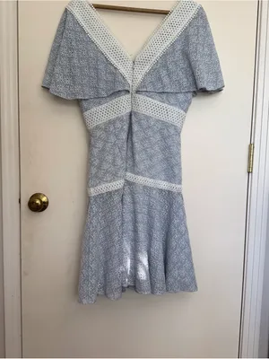 Gianni Bini Light Blue Lace Mini Dress with White Trim, eyelet lace flare dress thumbnail 3