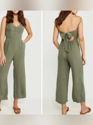Abercrombie & Fitch Earthy Boho Button Front Tie Back Jumpsuit Green White Dot thumbnail 2