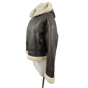 Stradivarius Women's Brown Fleece Sherpa Hoodie Full Zip Faux Leather Jacket L thumbnail 3