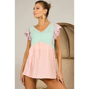 BiBi Triblend Color Block Ruffled Sleeve Babydoll Top - Mint/Lavender/Blush - M thumbnail 7