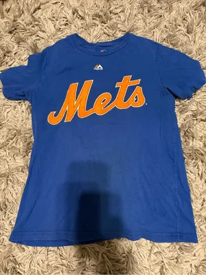 Majestic Royal Blue Mets Graphic Tee with Orange Script thumbnail 1