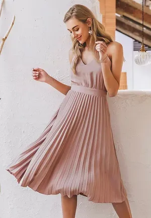 Boutique Solid Pink V-neck Pleated Spaghetti Strap Fit and Flare Knee Length Dress thumbnail 1