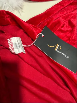 NEW Red Christmas Off The Shoulder Long Sleeve Fur Trim Velvet Dress L thumbnail 4