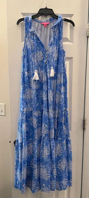 Lilly Pulitzer Blue and White Sleeveless Floral Maxi Dress with Tassel Tie thumbnail 1