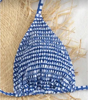 SheIn Swim Vcay Women's Casual Vacation Blue & White Plaid Print Tankini Swimsuit Set thumbnail 3