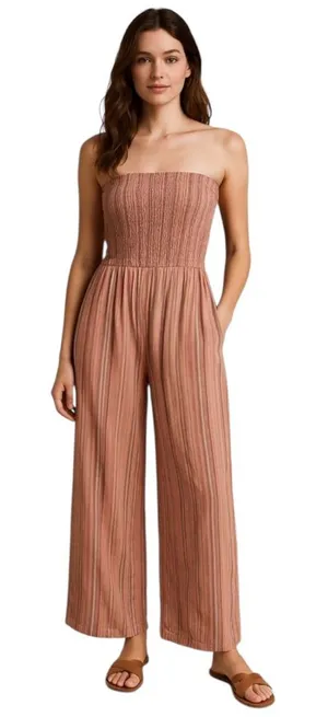 Aerie Strapless Wide Leg Striped Linen Blend Jumpsuit Womens M thumbnail 1