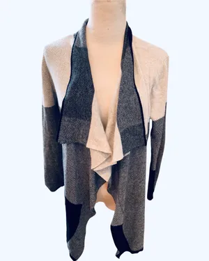 Retro Chaus Plaid Colorblock Cardigan Sweater Open Front Waterfall M Gray Black thumbnail 2
