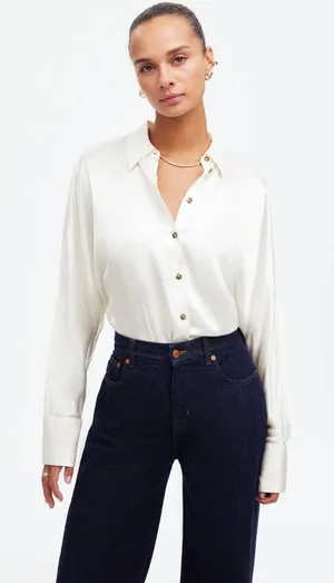 Madewell | NWOT Satin Dolman Button-Up Shirt Winter‎ White | Sz M thumbnail 1