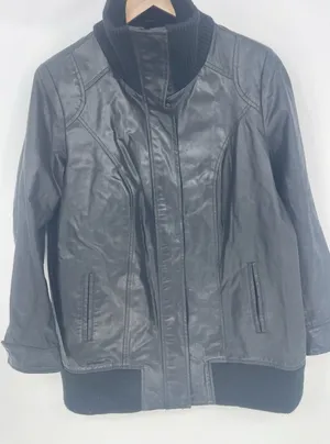 Roaman's Black Leather Bomber Jacket Full Zip Pocket Lined Size‎ 14W thumbnail 1