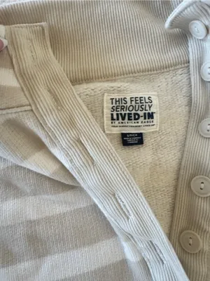 American Eagle Striped Half-Button Pullover Sweater in Beige and White thumbnail 4
