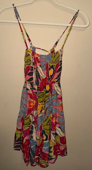 Angie Tropical Floral Smock Mini Dress S Multi Color Tier Boho Sundress vacation beach thumbnail 1
