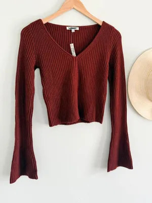 Madewell | NWT Merino Wool Ribbed V Neck Sweater Top Deep Rust | Sz S thumbnail 1