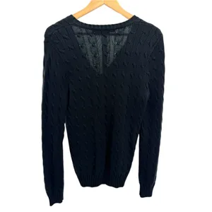 Ralph Lauren Black Cable Knit V-Neck Cotton Sweater L Preppy Coastal Old Money L thumbnail 4