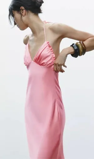 Zara Maxi dress Pink Satin ruffle bodycon party wedding summer evening thumbnail 11