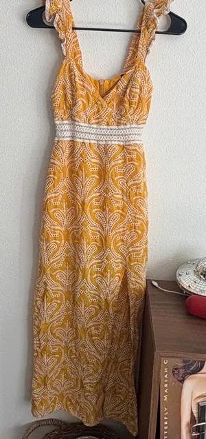 ELA‎ Mustard Yellow Eyelet Embroidered Maxi Dress Ruffle Strap Cutout Size 6 thumbnail 1