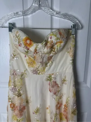 Dress The Population Mabel Strapless Beaded Floral Midi Dress in Ivory Combo M thumbnail 3
