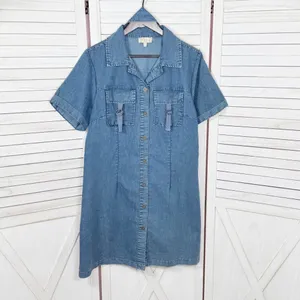Indulge Chambray Button Up Belted‎ Short Sleeve Shirt Dress Denim Blue Large thumbnail 7