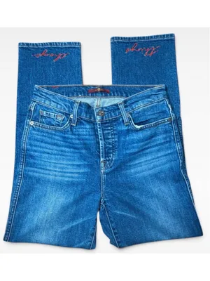 Women's 7 For All Mankind Straight Leg Jeans Size 28 Blue Red Embroidered thumbnail 2