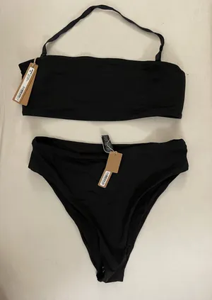 Skims NWT 2PC Onyx Bandeau Halter Bikini Top & Mid Waist Bottoms Swimsuit L thumbnail 1