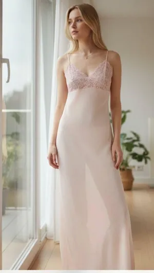 New Free People Midnight Magic Maxi Slip Dress Pink Beaded Lace Trim thumbnail 1