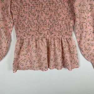 Petal + Pup Pink Floral Smocked Peplum Top Long Sleeve Shirred Blouse Small thumbnail 6