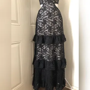Black Whimsygoth gothic grunge lace cut out slim fit fitted maxi halter formal prom dress gown deep V neckline, open back, and tiered ruffle hem-S #goth #whimsygoth #fairycore #fairygrunge thumbnail 3