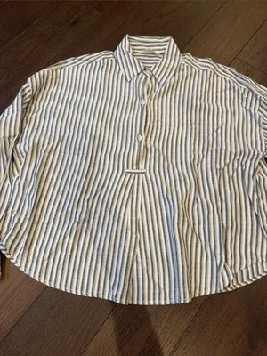 Max Studio White and Blue Stripe Button-Down Shirt Cropped - Medium - C66-013 thumbnail 4