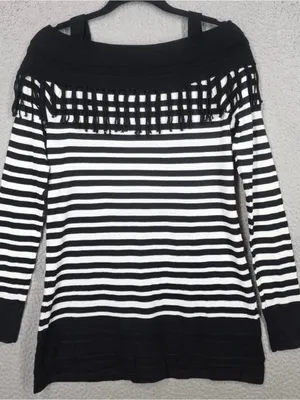 White House Black Market Black and White Striped Fringe Knit Top thumbnail 1