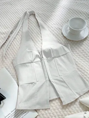 Y2K style White Halter Corset Top - Women's Stylish Bustier thumbnail 2