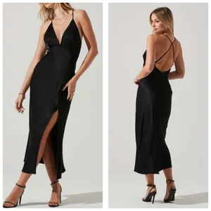 NWT ASTR The Label Black Deep V Satin Midi Dress Size Small Cocktail Wedding thumbnail 2