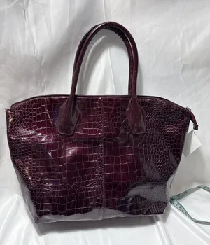Brentwood Beauties Faux Leather Croc Tote Bag Purse Brown Shiny thumbnail 1