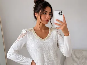 Elegant White Lined Lace & Pearl Long Sleeve Blouse - Coquette Style (Asian M) thumbnail 3