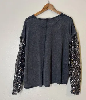 Free People Celine Sequin Sleeve T-Shirt Womens Sz XS Holiday New Years Sheer thumbnail 7