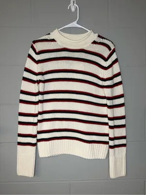 NWT Quince 100% Organic Cotton Roll Neck Sweater Off White/Navy/Red Stripe Sz XS thumbnail 4
