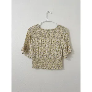 Abercrombie & Fitch Floral Smocked Puff Sleeve Crop Top Yellow Small thumbnail 2
