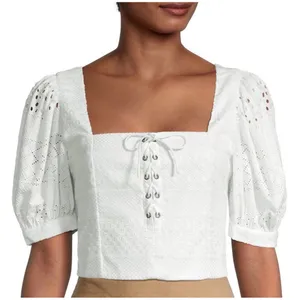 Alice + Olivia‎ White Eyelet Lace Crop Top Puff Sleeve Lace Up likely size XS thumbnail 1