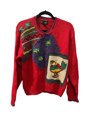 VTG Counterparts Hand Knit Bird Novelty Sweater Red Patchwork Folk Art Cotton M thumbnail 1