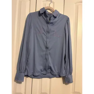 Collections Blouse Vintage Embroidered Periwinkle‎ Blue Scalloped Cuff L thumbnail 2
