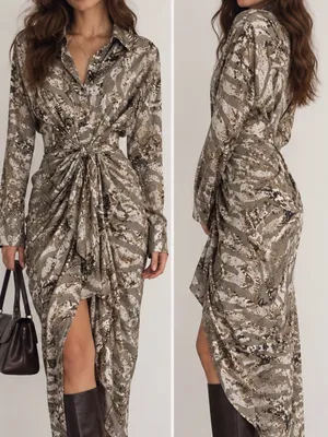 MABLE Animal Print Draped Maxi Shirt Dress Y2K Neutral Safari Size S thumbnail 2