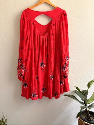 Free People Floral Embroidered Babydoll Dress Women Orange Red Size Large thumbnail 3