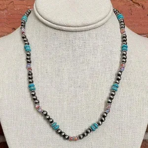 Navajo Style Pearl Necklace with Turquoise and Orange thumbnail 1